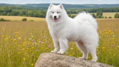 Samojed stojící na kameni na louce, bílý chlupatý pes v přírodě, letní krajina.
